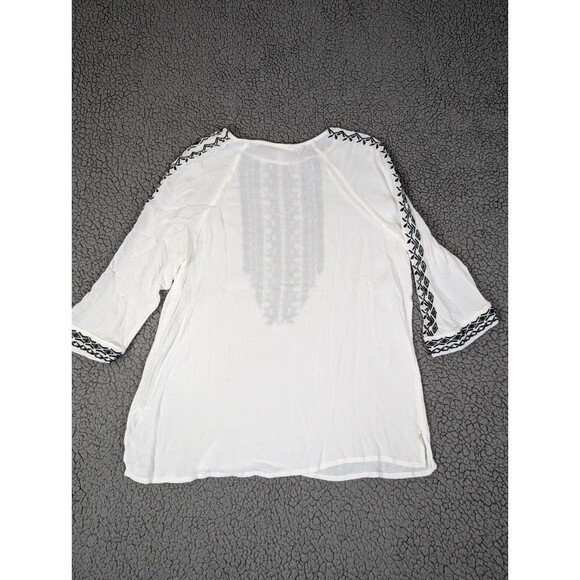 Garnet Hill Womens Size Large Blouse White Geometric 3/4 Sleeve Embroidered - Picture 5 of 8